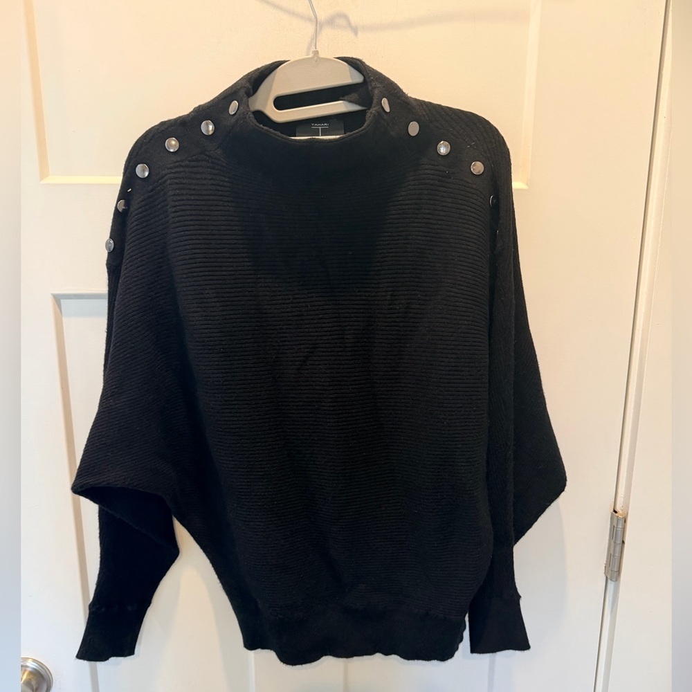 Tahari XS Black Ribbed Sweater Silver Snap Shoulder Detail